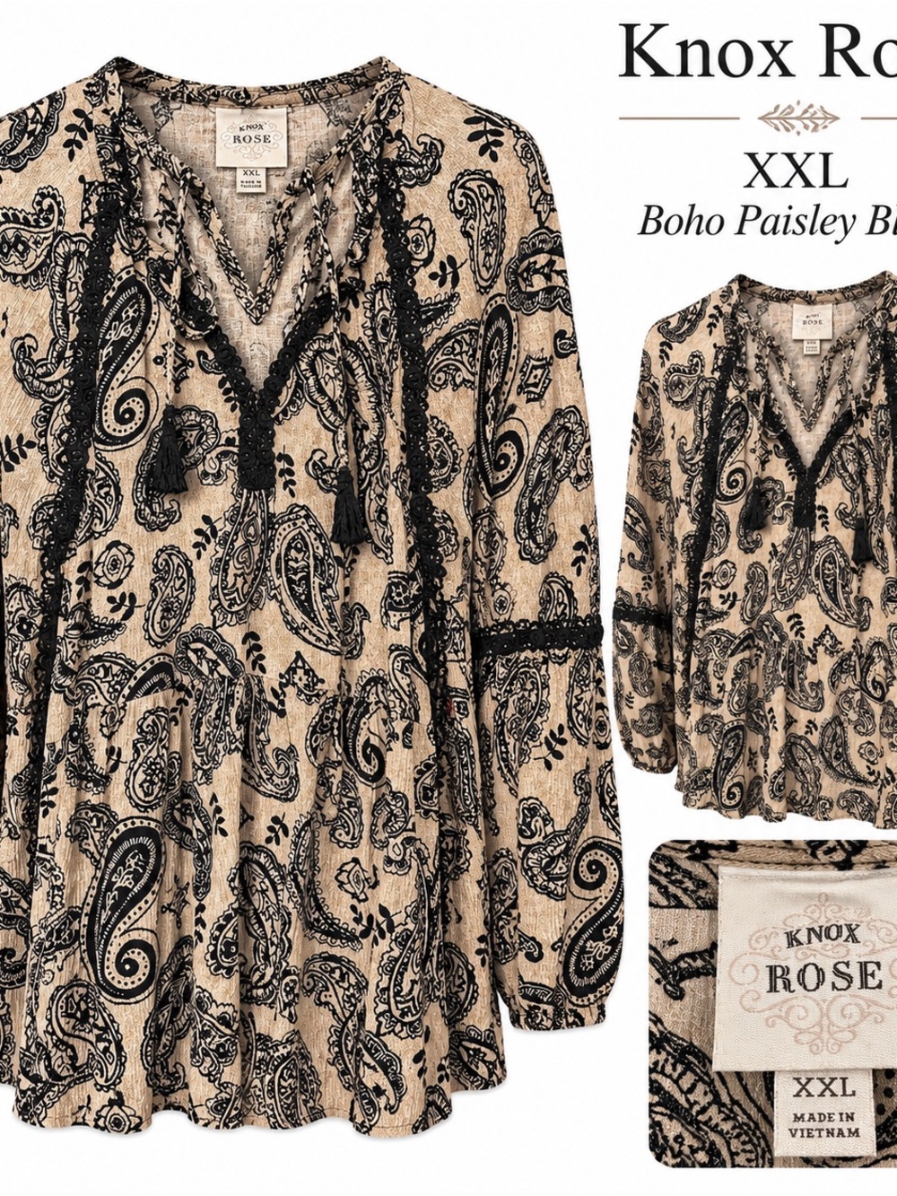 Knox Rose Beige Paisley VāNeck Tunic with Black Trim